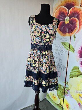LC Lauren Conrad Navy Blue Dress Floral Ditsy Print Lace Cottage Romantic